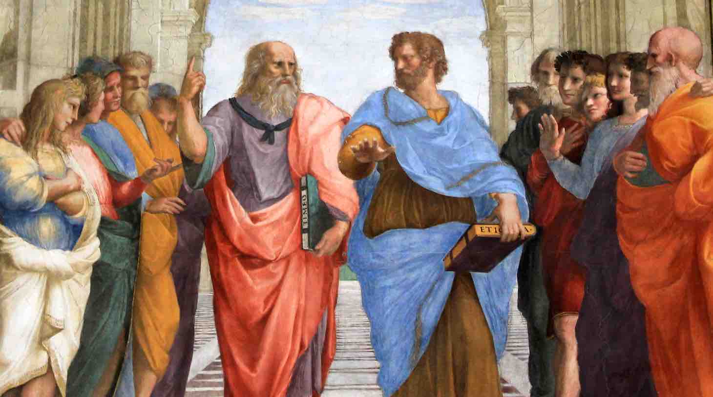 Ecole d'Athènes de Raphaël (détail): Platon montrant le domaine idéal du Ciel (mathématiques), Aristote s'appuyant sur les aspects concrets terrestres (expériences)